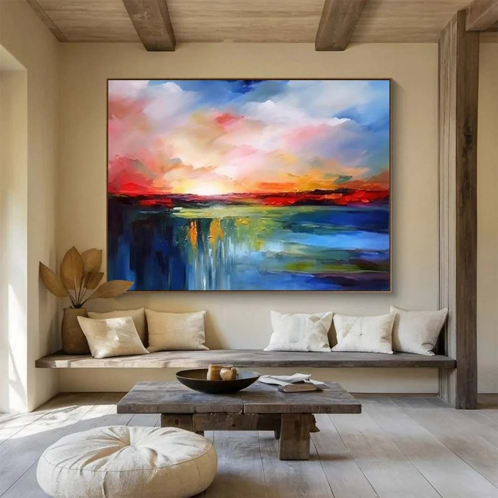 White Original Hand-painted Sunset Colorful Blue Abstract Artwork AK4I0